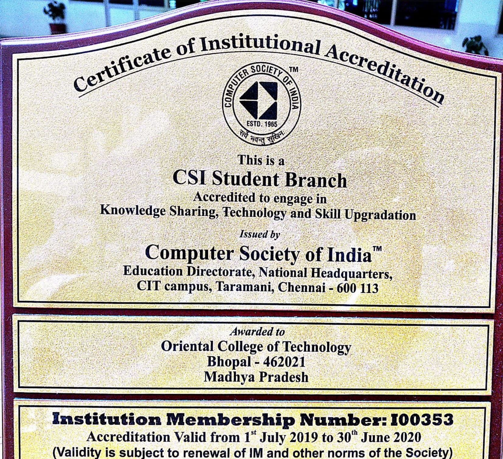 CSI June2020 CSI Student Branch Institutional Membership